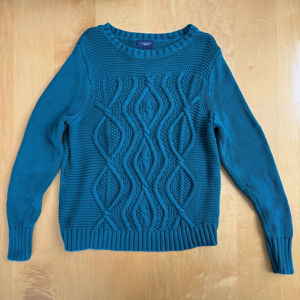 Lands' End Teal Drifter Cable Knit Crew Neck Sweater